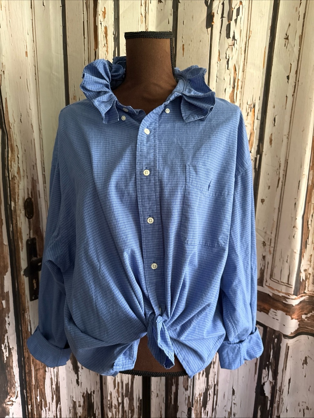 Reworked up cycled ruffle  Ralph Lauren xxl button up gingham shirt see details
